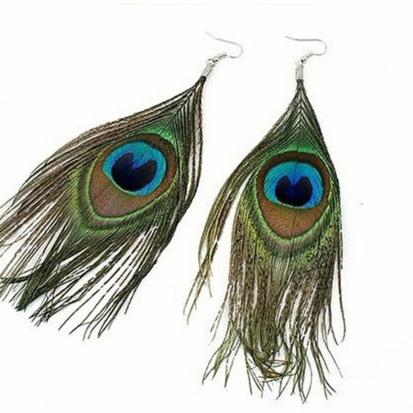 brand new Bohemian Peacock Eye Feather Dangle Earrings w/ French Ear Hook - Picture 7 of 9